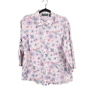 Lemon Grass VTG Button Up Shirt XL Womens Floral Pastel Spring White Pink Purple